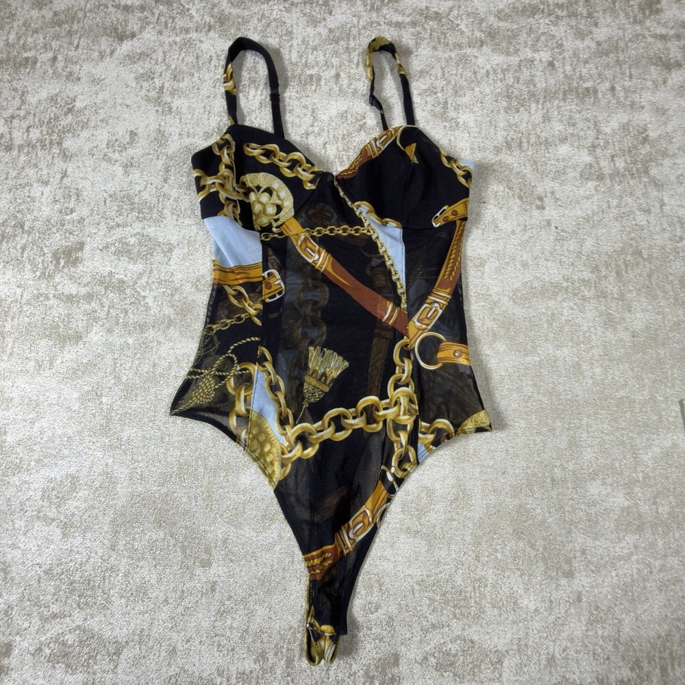 Timing Bodysuit Size S Black And Gold -Yellow See Thru Sheer Mesh